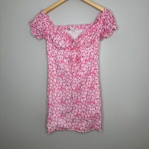 O.VIANCA Women's Pink‎ Floral Mini Dress Smocked Off Shoulder Tie Front Small